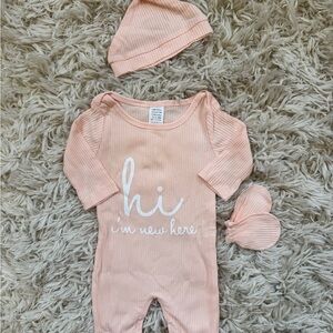 Peach Baby Footie Set with Hat and Mittens